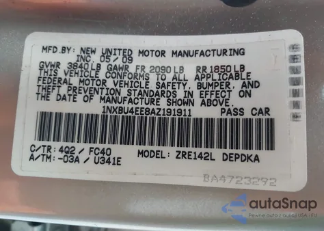 2010 Toyota Corolla Le from USA, damaged, VIN 1NXBU4EE8AZ191911